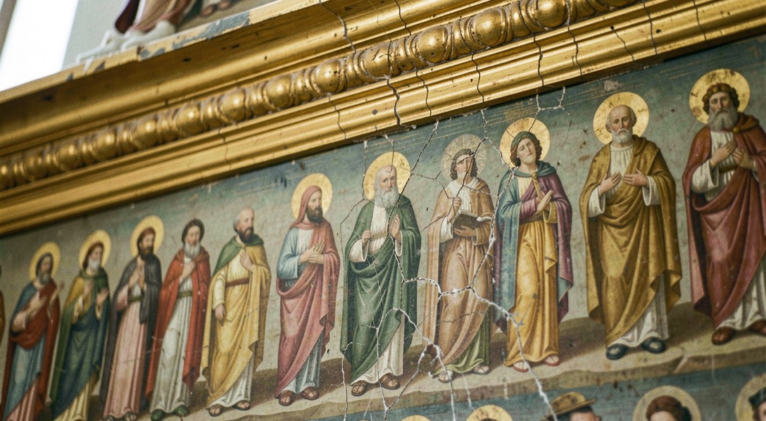 Immagine illustrativa: dettaglio di una pala d’altare a tempera, figure di santi allineate sotto una cornice dorata, vernice craquelée